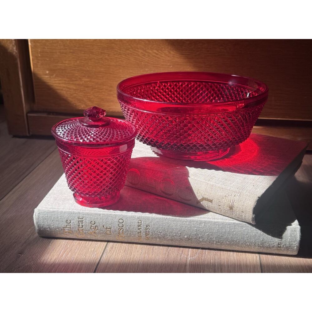 Vintage Estate European Ruby Red Art Glass Bowl Covered Dish Diamond Point Set - Picture 14 of 16